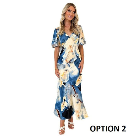 New Summer High Waist Printed Short Sleeve V-neck Fitted Slit Dress CODE: KAR2746