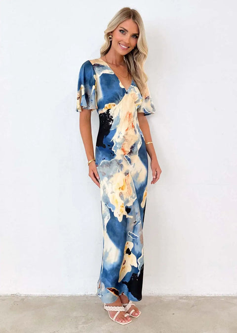 New Summer High Waist Printed Short Sleeve V-neck Fitted Slit Dress CODE: KAR2746