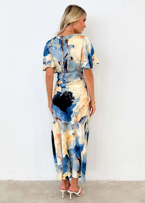New Summer High Waist Printed Short Sleeve V-neck Fitted Slit Dress CODE: KAR2746