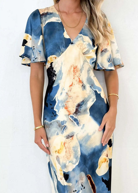 New Summer High Waist Printed Short Sleeve V-neck Fitted Slit Dress CODE: KAR2746