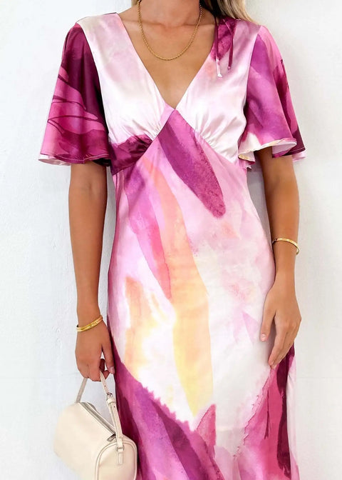 New Summer High Waist Printed Short Sleeve V-neck Fitted Slit Dress CODE: KAR2746