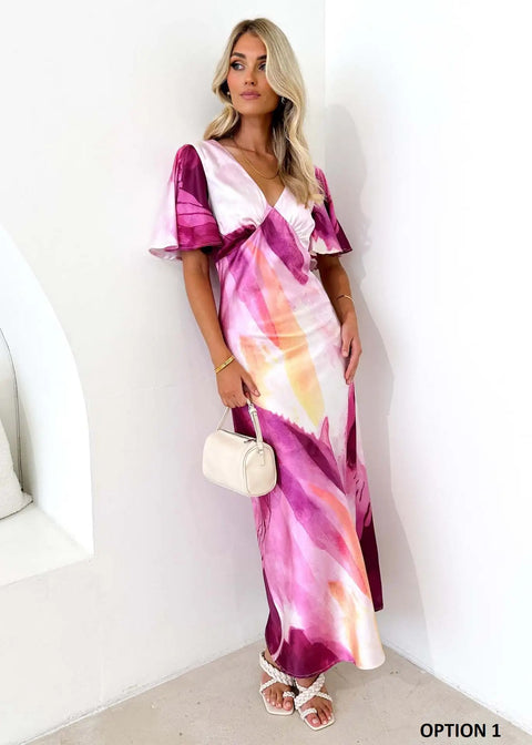 New Summer High Waist Printed Short Sleeve V-neck Fitted Slit Dress CODE: KAR2746