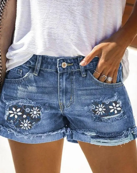New Fashion Casual Floral Print Patchwork Ripped Short CODE: KAR2747