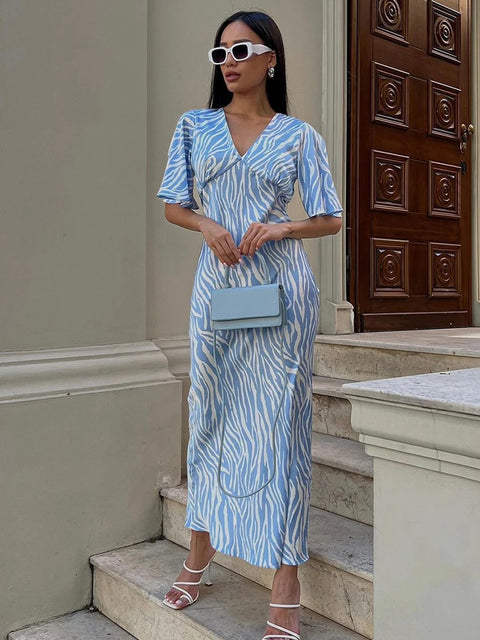 New Summer Fashion Backless Print V-Neck Short Sleeve Ankle-Length Dress CODE: KAR2748