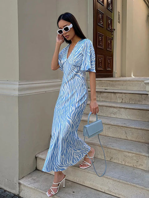 New Summer Fashion Backless Print V-Neck Short Sleeve Ankle-Length Dress CODE: KAR2748