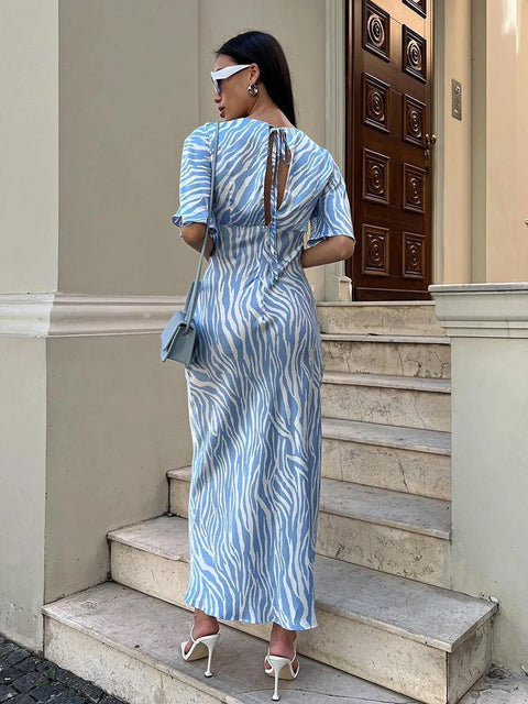 New Summer Fashion Backless Print V-Neck Short Sleeve Ankle-Length Dress CODE: KAR2748