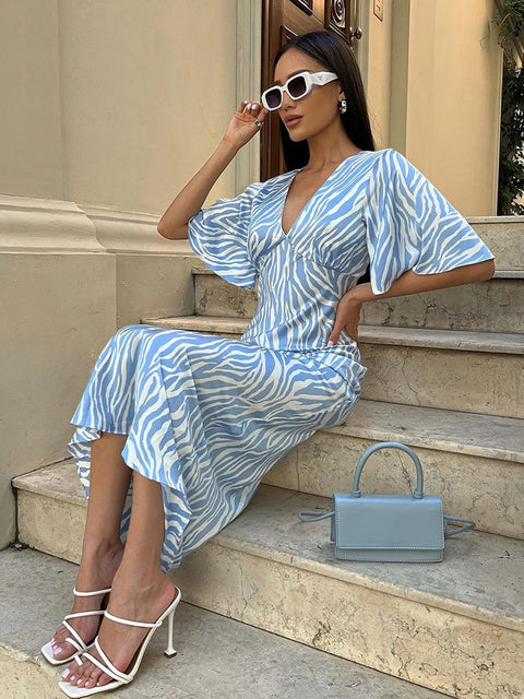 New Summer Fashion Backless Print V-Neck Short Sleeve Ankle-Length Dress CODE: KAR2748