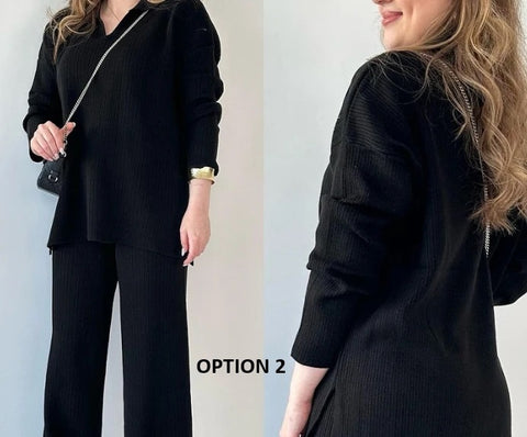 New Fashion Casual Top Wide Loose Bottom Split Pant Two Piece Set CODE: KAR2758