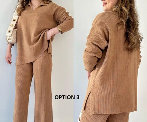 New Fashion Casual Top Wide Loose Bottom Split Pant Two Piece Set CODE: KAR2758