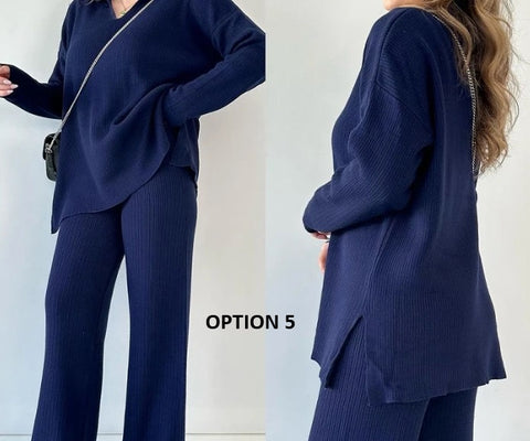 New Fashion Casual Top Wide Loose Bottom Split Pant Two Piece Set CODE: KAR2758