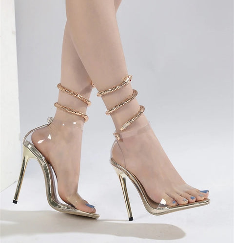 Summer Fashion Ankle Snake Twine Around Accessory Transparent Golden High Heels Sandal CODE: KAR2768