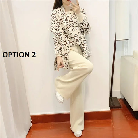 New Autumn Winter Warm Leopard Casual Pullover Sweater Jumer + Shawl + Wide Leg Pant Three Piece Set CODE: KAR2772