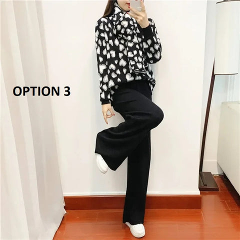 New Autumn Winter Warm Leopard Casual Pullover Sweater Jumer + Shawl + Wide Leg Pant Three Piece Set CODE: KAR2772