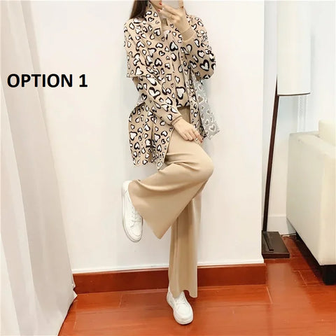 New Autumn Winter Warm Leopard Casual Pullover Sweater Jumer + Shawl + Wide Leg Pant Three Piece Set CODE: KAR2772