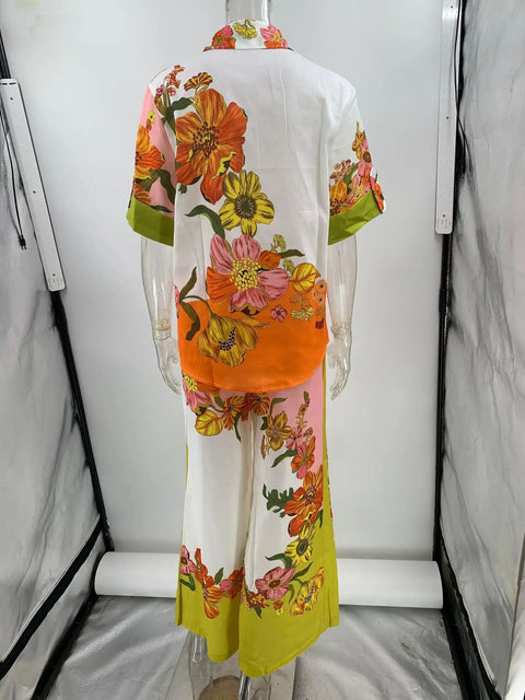 Summer Casual Fashion Floral Print Turn-down Collar Shirt Loose Pant 2 Pieces Set CODE: KAR2773