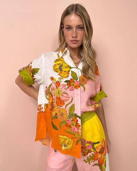 Summer Casual Fashion Floral Print Turn-down Collar Shirt Loose Pant 2 Pieces Set CODE: KAR2773