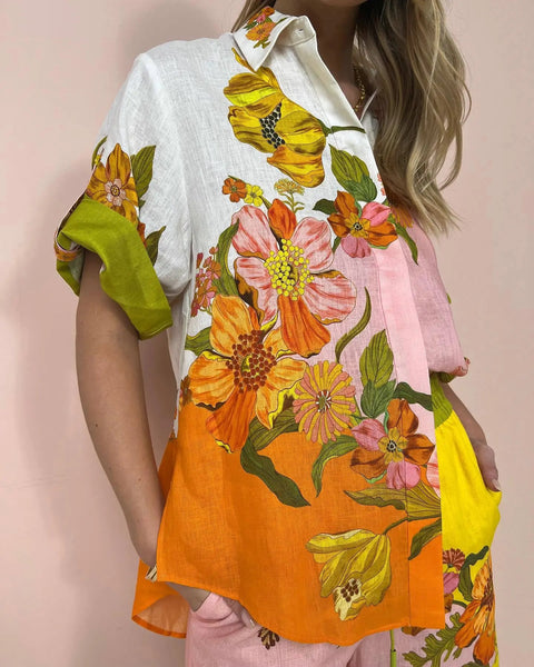 Summer Casual Fashion Floral Print Turn-down Collar Shirt Loose Pant 2 Pieces Set CODE: KAR2773