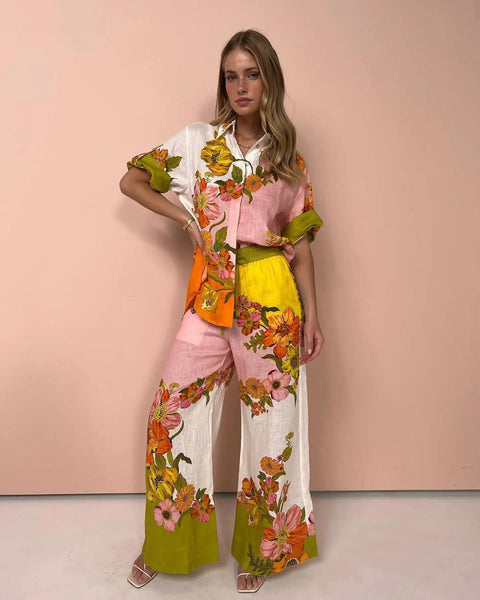 Summer Casual Fashion Floral Print Turn-down Collar Shirt Loose Pant 2 Pieces Set CODE: KAR2773