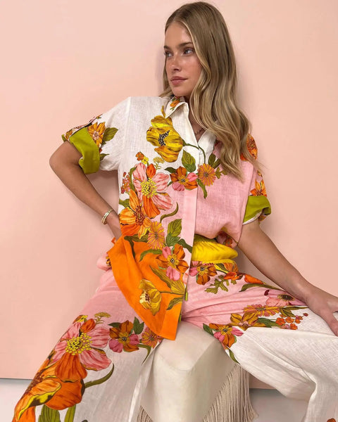 Summer Casual Fashion Floral Print Turn-down Collar Shirt Loose Pant 2 Pieces Set CODE: KAR2773