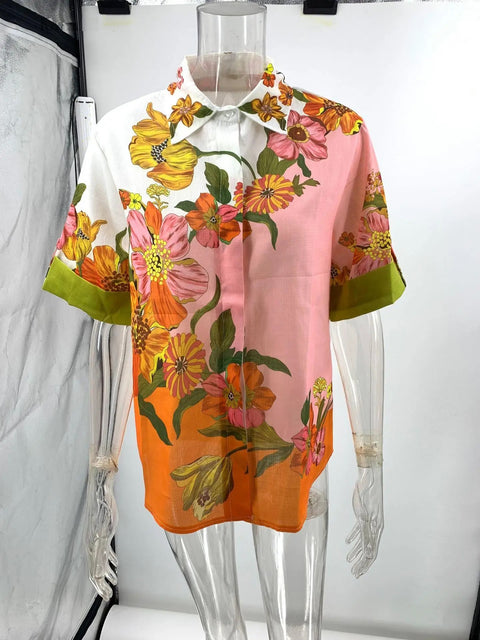Summer Casual Fashion Floral Print Turn-down Collar Shirt Loose Pant 2 Pieces Set CODE: KAR2773