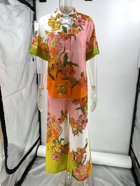 Summer Casual Fashion Floral Print Turn-down Collar Shirt Loose Pant 2 Pieces Set CODE: KAR2773