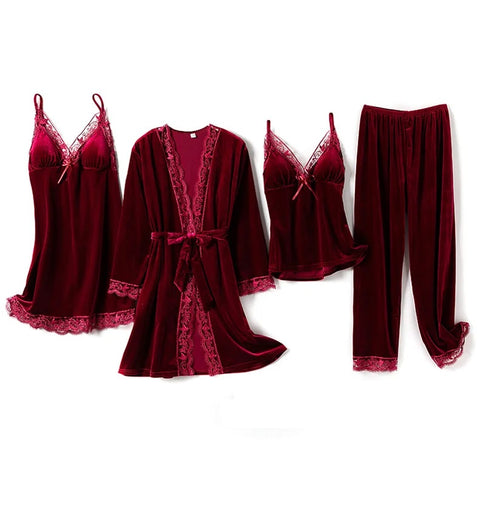Sexy Winter Long Sleeve Warm V-Neck Lace Waistband Robe Kimono Gown 4PCS Pajamas Set CODE: KAR2774