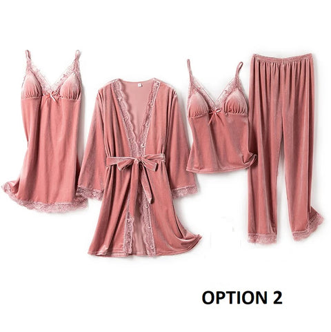 Sexy Winter Long Sleeve Warm V-Neck Lace Waistband Robe Kimono Gown 4PCS Pajamas Set CODE: KAR2774
