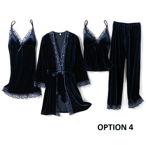 Sexy Winter Long Sleeve Warm V-Neck Lace Waistband Robe Kimono Gown 4PCS Pajamas Set CODE: KAR2774