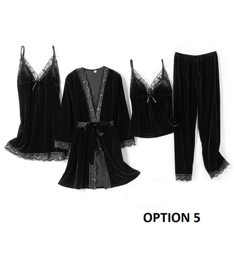 Sexy Winter Long Sleeve Warm V-Neck Lace Waistband Robe Kimono Gown 4PCS Pajamas Set CODE: KAR2774