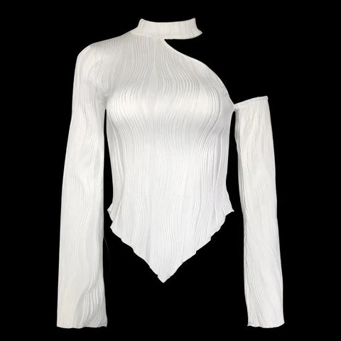 New Fashion Long Sleeve One Shoulder Textured Cut Out Top CODE: KAR2775
