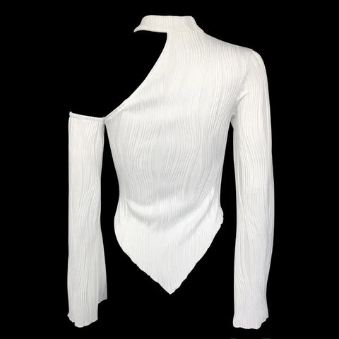 New Fashion Long Sleeve One Shoulder Textured Cut Out Top CODE: KAR2775