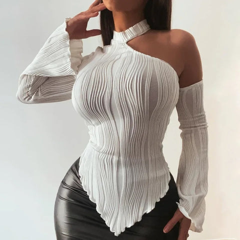 New Fashion Long Sleeve One Shoulder Textured Cut Out Top CODE: KAR2775