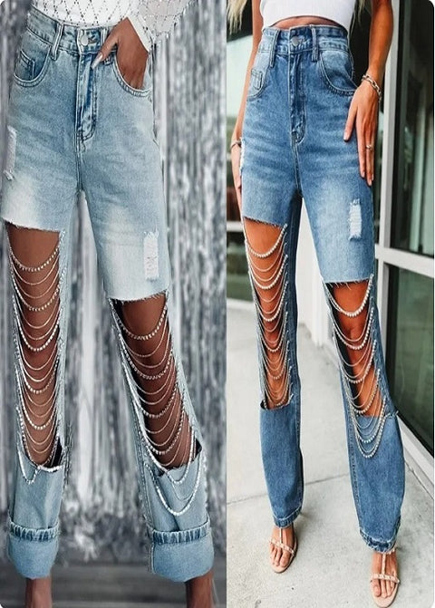Summer Big Ripped Chain Ornaments Straight-Leg Pant CODE: KAR2778