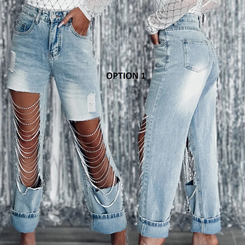 Summer Big Ripped Chain Ornaments Straight-Leg Pant CODE: KAR2778