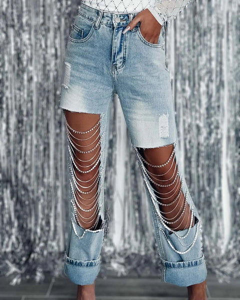 Summer Big Ripped Chain Ornaments Straight-Leg Pant CODE: KAR2778