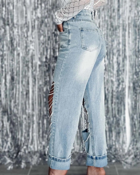 Summer Big Ripped Chain Ornaments Straight-Leg Pant CODE: KAR2778