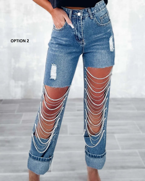 Summer Big Ripped Chain Ornaments Straight-Leg Pant CODE: KAR2778