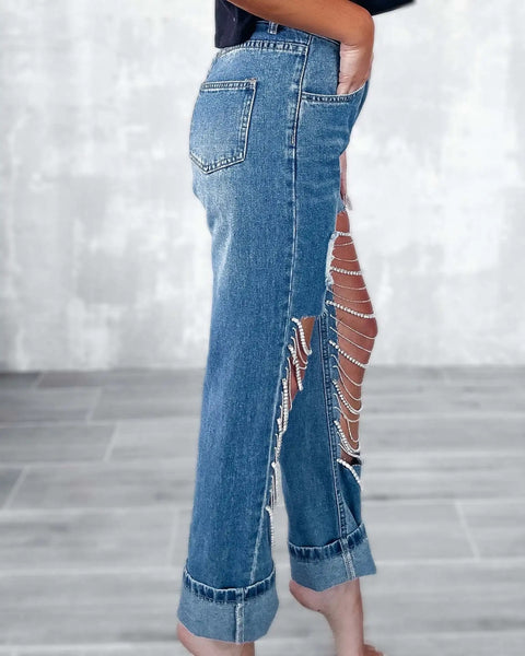 Summer Big Ripped Chain Ornaments Straight-Leg Pant CODE: KAR2778