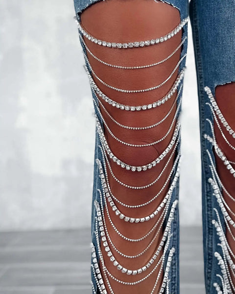 Summer Big Ripped Chain Ornaments Straight-Leg Pant CODE: KAR2778