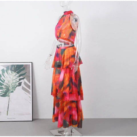 Summer New Printed Halter Sleeveless Crop Top High Waist Long Dress CODE: KAR2780