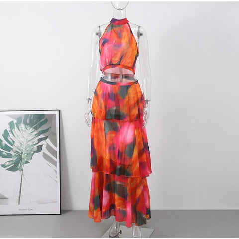 Summer New Printed Halter Sleeveless Crop Top High Waist Long Dress CODE: KAR2780