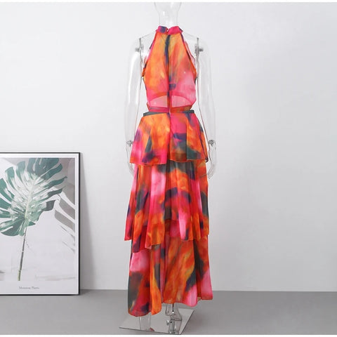 Summer New Printed Halter Sleeveless Crop Top High Waist Long Dress CODE: KAR2780