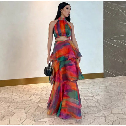 Summer New Printed Halter Sleeveless Crop Top High Waist Long Dress CODE: KAR2780