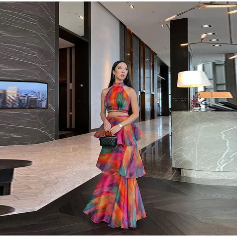 Summer New Printed Halter Sleeveless Crop Top High Waist Long Dress CODE: KAR2780