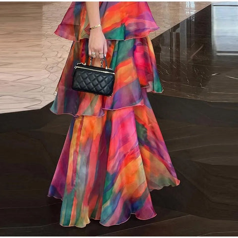 Summer New Printed Halter Sleeveless Crop Top High Waist Long Dress CODE: KAR2780