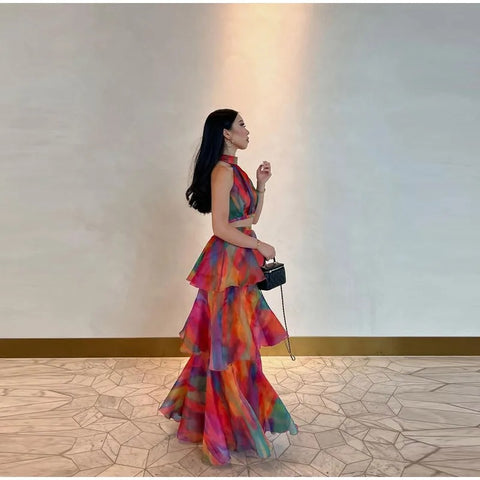 Summer New Printed Halter Sleeveless Crop Top High Waist Long Dress CODE: KAR2780