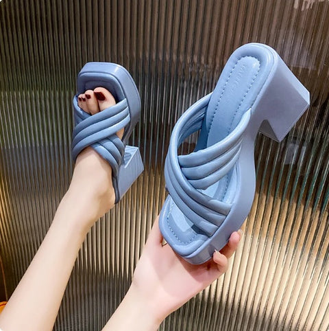 Summer New Square Toe Open Toe High Thick Heel Slippers CODE: KAR2785