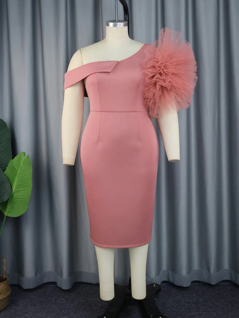 New One Shoulder Sheer Rose Flower Pink Cocktail Party Dress CODE: KAR2790