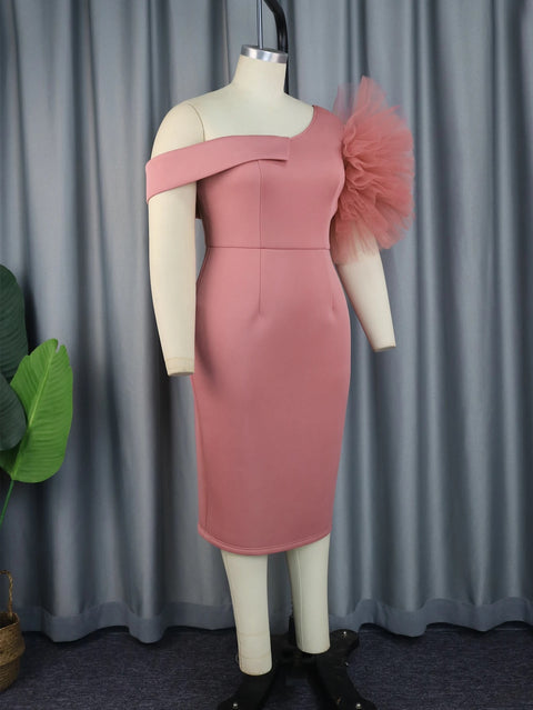 New One Shoulder Sheer Rose Flower Pink Cocktail Party Dress CODE: KAR2790