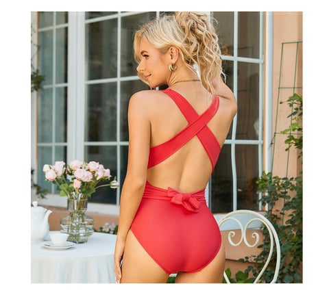 Sexy Deep V Backless Bandage  One Piece Swimsuit CODE: KAR2799